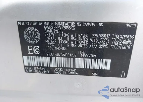 2010 Toyota Rav4 Limited из США, поврежденный, VIN 2T3DF4DV0AW061259